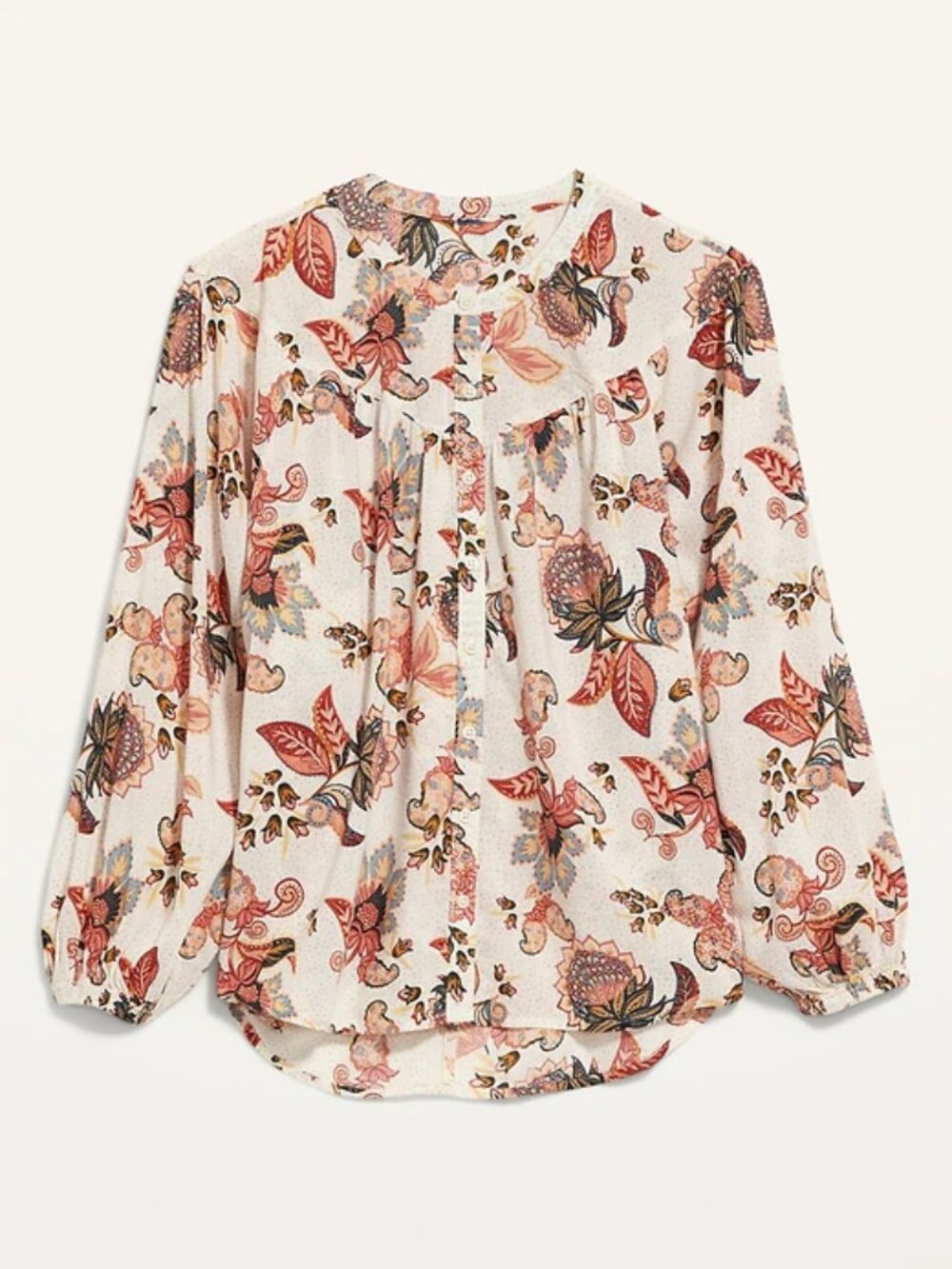 Old Navy | Ivory/Coral Oversized Floral-Print Long-Sleeve Poet Blouse XL